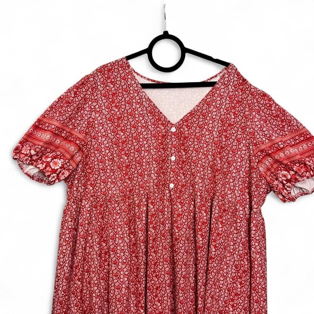 Shein Curve Babydoll Dress 4XL Red Floral V-Neck Puff Sleeve Boho Cottagecore - Picture 5 of 8
